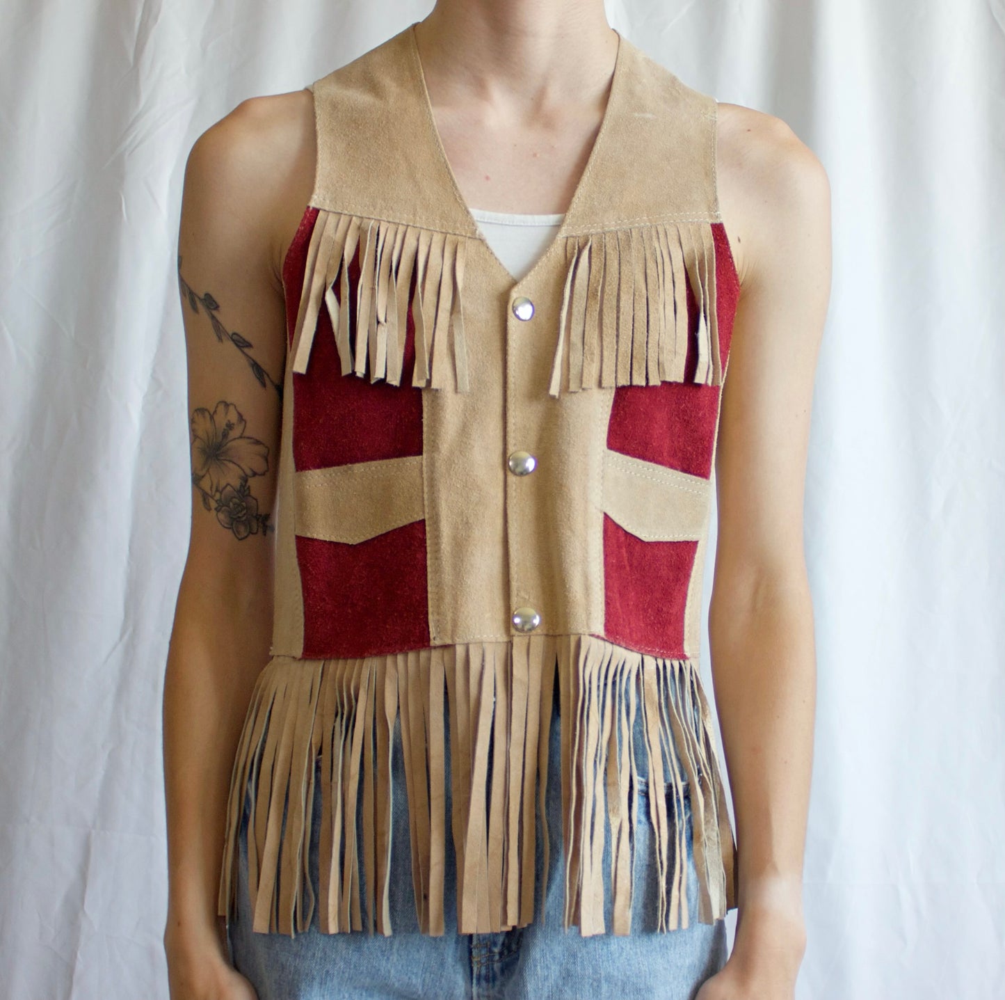 80's Red Panel Fringe Leather Vest