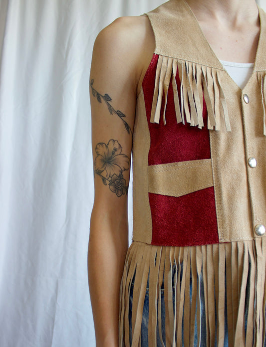 80's Red Panel Fringe Leather Vest