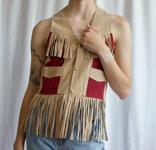 80's Red Panel Fringe Leather Vest