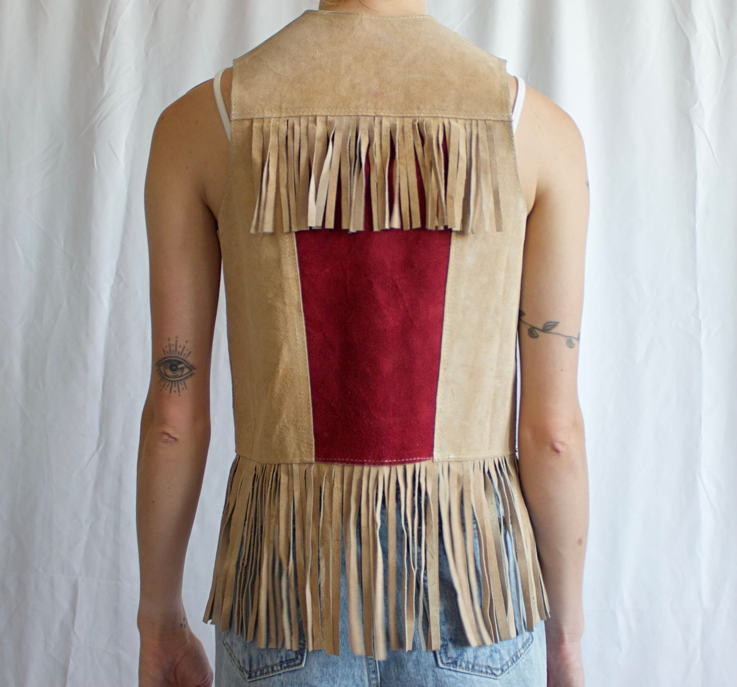 80's Red Panel Fringe Leather Vest